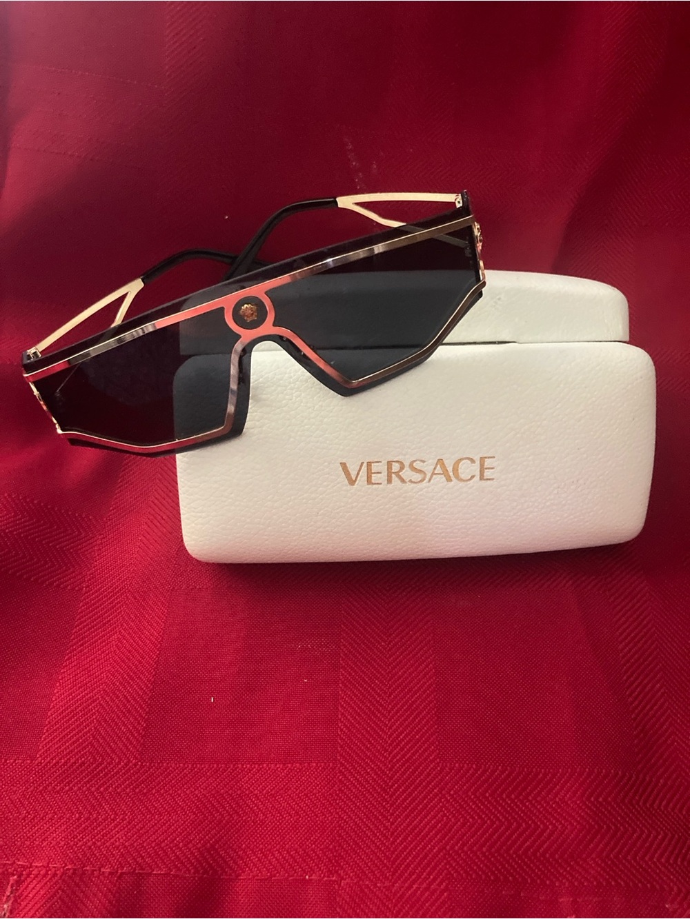 Versace Red and Gold Shield Sunglasses with Black Lenses